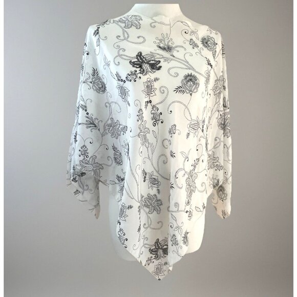 6 Degrees Sheer Kimono Poncho One Size Black Floral Lightweight Boho Made in USA - Picture 1 of 9